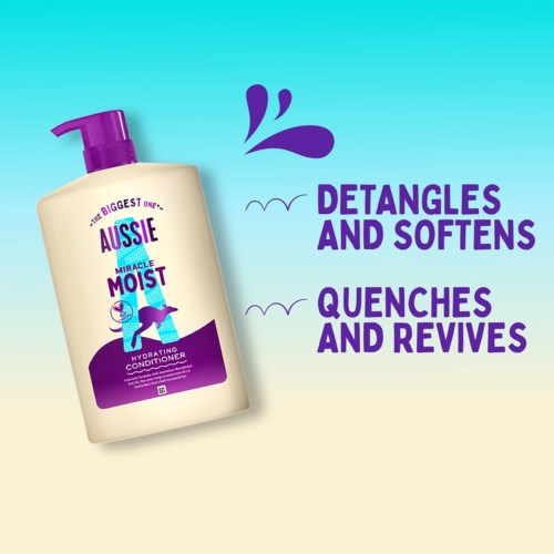 A bottle of Aussie conditioner with text highlighting its detangling and softening benefits.