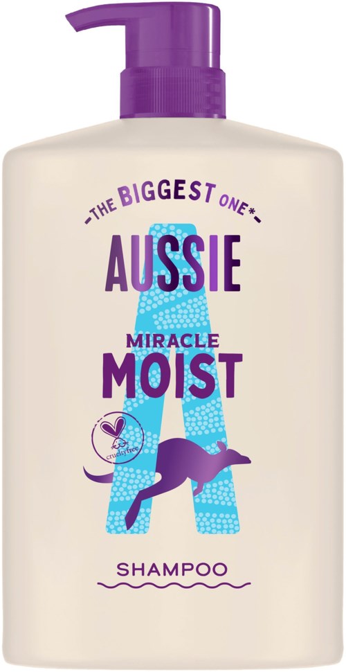 A shampoo bottle with purple pump, colorful text, and a silhouette of a dog, promoting moisture and a big Australian brand.