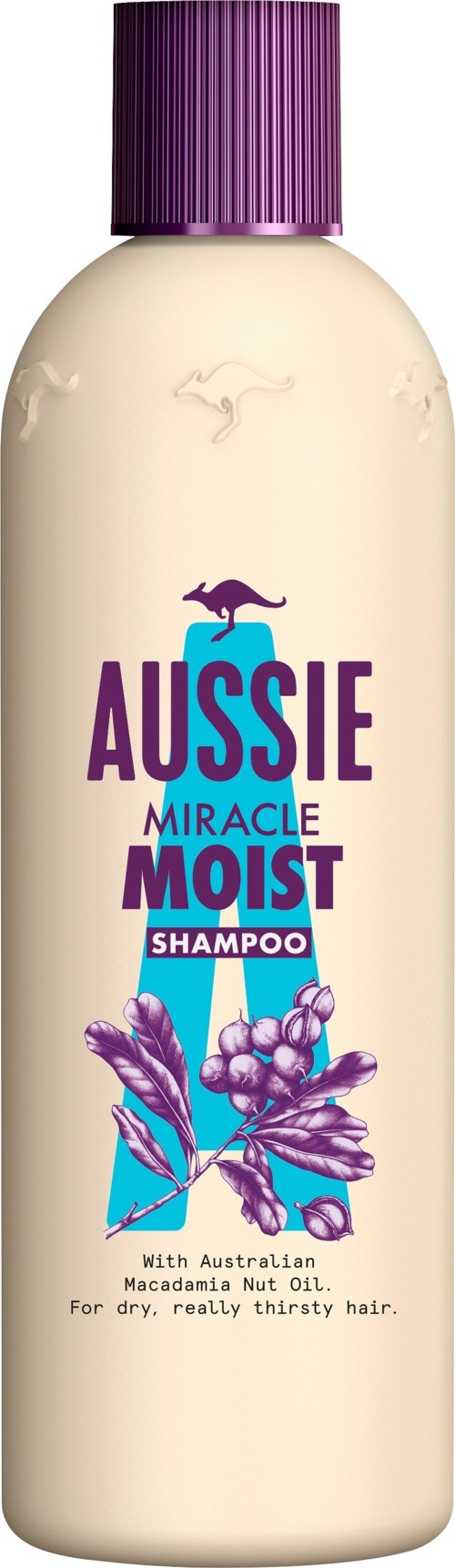 A bottle of Aussie Miracle Moist shampoo with a purple cap, showing lavender and other elements on the label.
