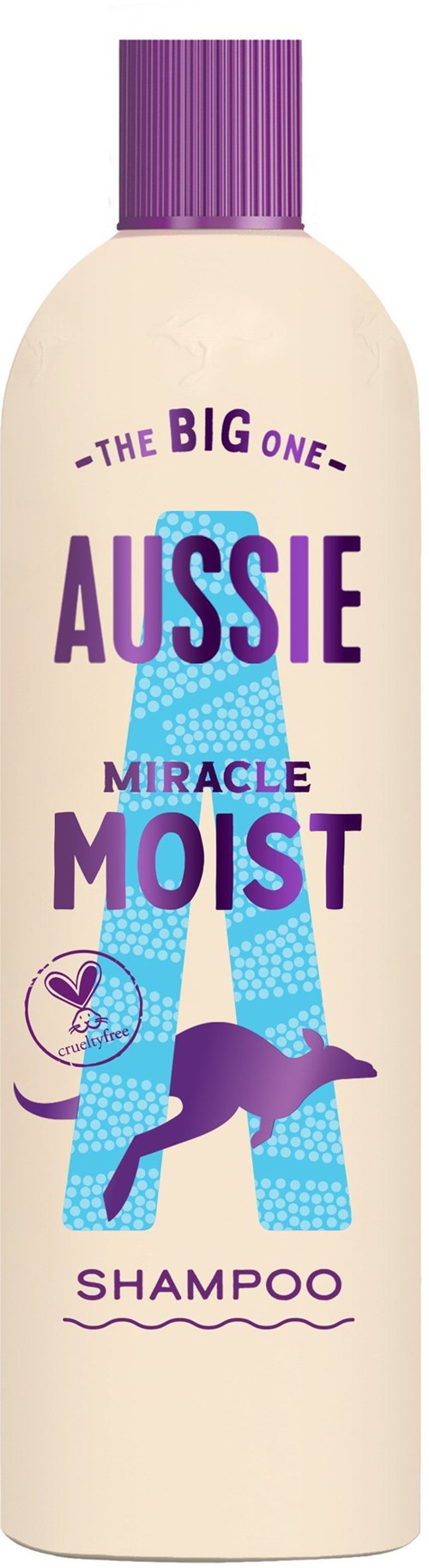 A shampoo bottle with purple cap and colorful label featuring playful text and a jumping dog illustration.