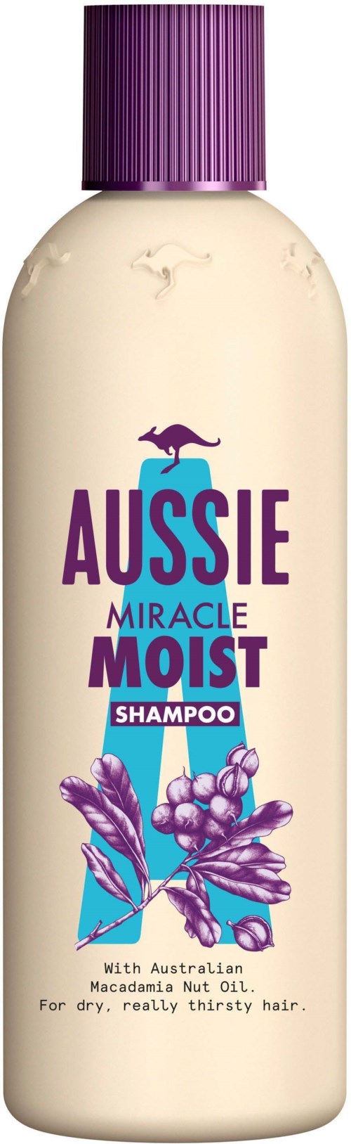 A shampoo bottle with purple cap, white body, and colorful label with flowers and text.