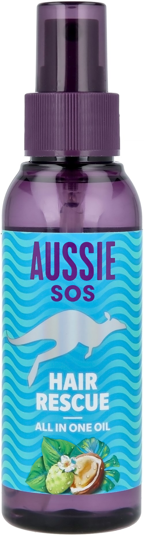 A purple spray bottle labeled 'Aussie SOS Hair Rescue' with a whale and fruit images on the label.