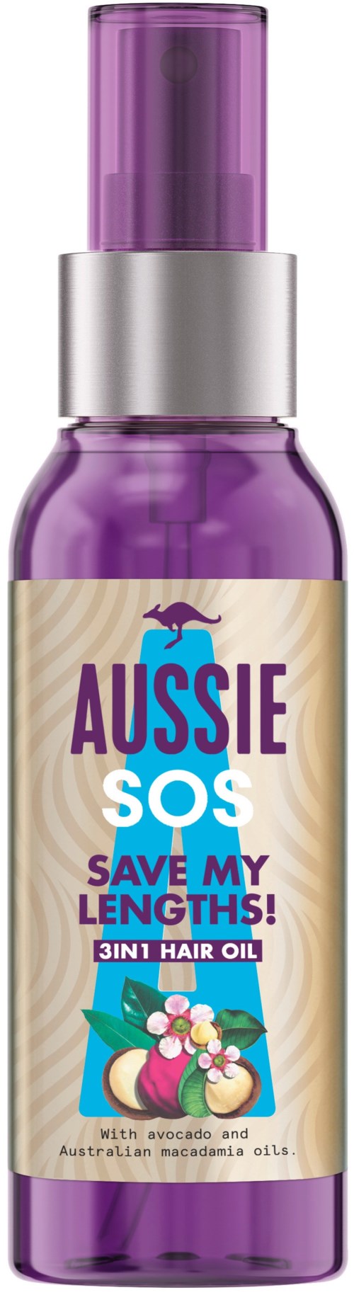 A purple spray bottle labeled 'Aussie SOS' for hair care, with an illustration of fruits and flowers.