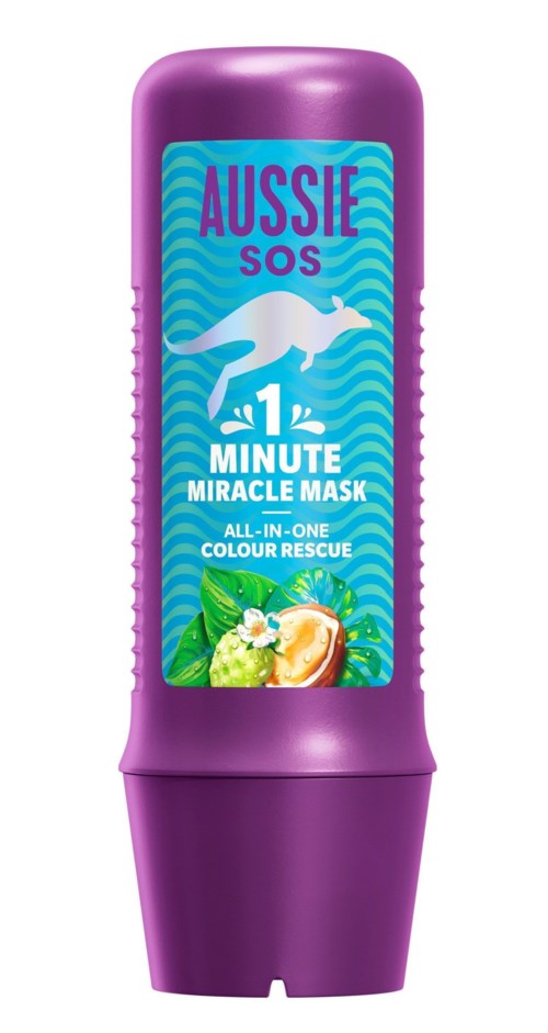 A purple tube labeled 'Aussie SOS' for quick skin fixing, featuring a kangaroo and fruit illustrations.
