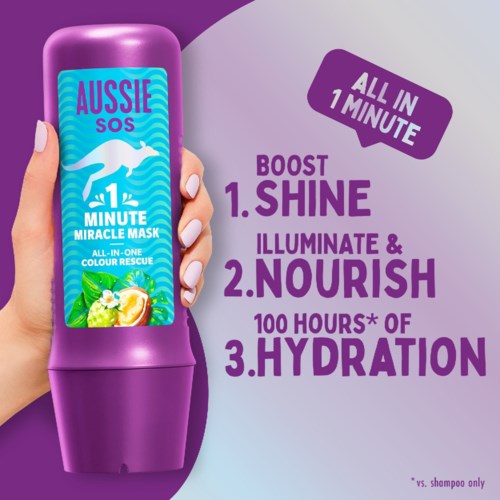 A purple bottle of Aussie SOS 1 Minute Miracle Mask with text about boosting shine, nourishing, and hydrating for 100 hours.