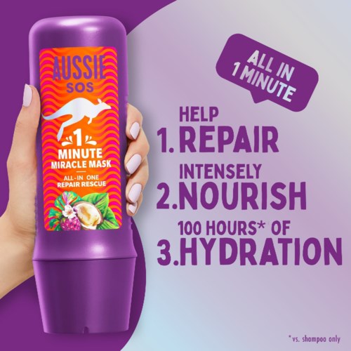 Purple bottle with orange label, featuring a kangaroo, promoting a quick repair and nourishment for hair, hydration benefits.
