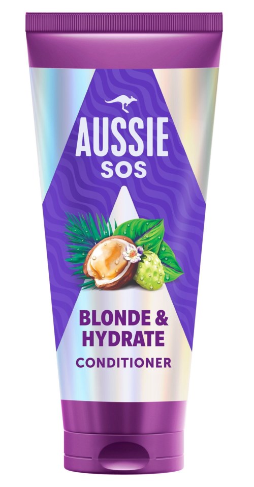 A tube of Aussie SOS Blonde & Hydrate conditioner with coconut and lime, purple and pastel packaging.