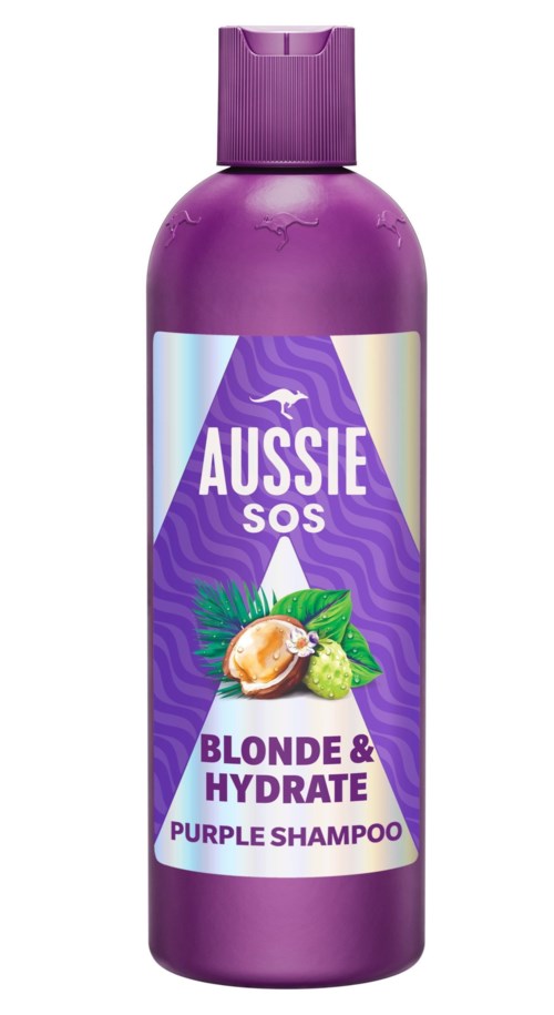 A purple shampoo bottle labeled 'Aussie SOS Blonde & Hydrate' with a coconut and mint illustration.