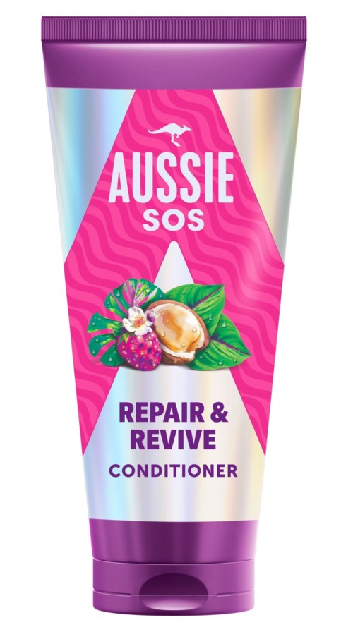 A tube of Aussie SOS Repair & Revive Conditioner with purple, pink, and pastel colors, featuring fruit graphics.