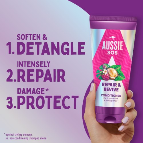 Conditioner for dry, damaged, stressed hair that repairs and revives, with a focus on detangling and protection.