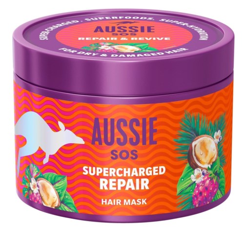 A purple container of Aussie SOS Supercharged Repair Hair Mask with colorful fruit and leaf illustrations.
