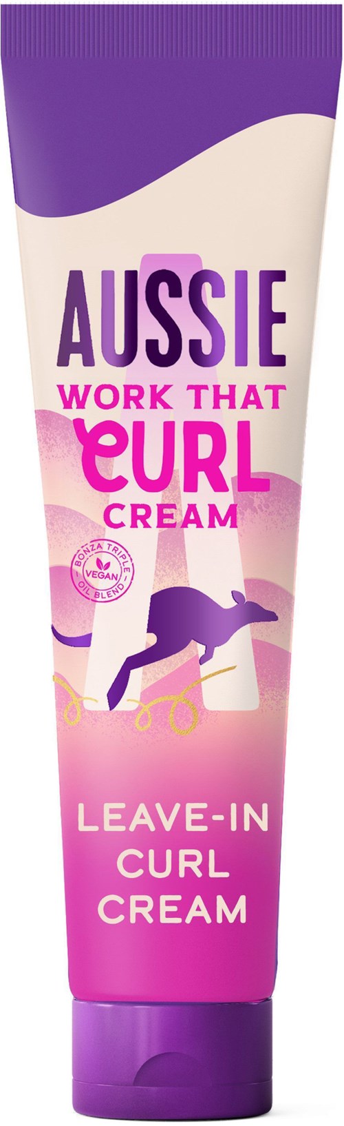A tube of Aussie Leave-In Curl Cream, pink and purple with a dog on a skateboard, promotes curly hair care.