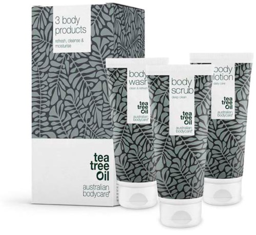 Box contains three body care products: wash, scrub, and lotion, all with tea tree oil for cleaning and moisturising.