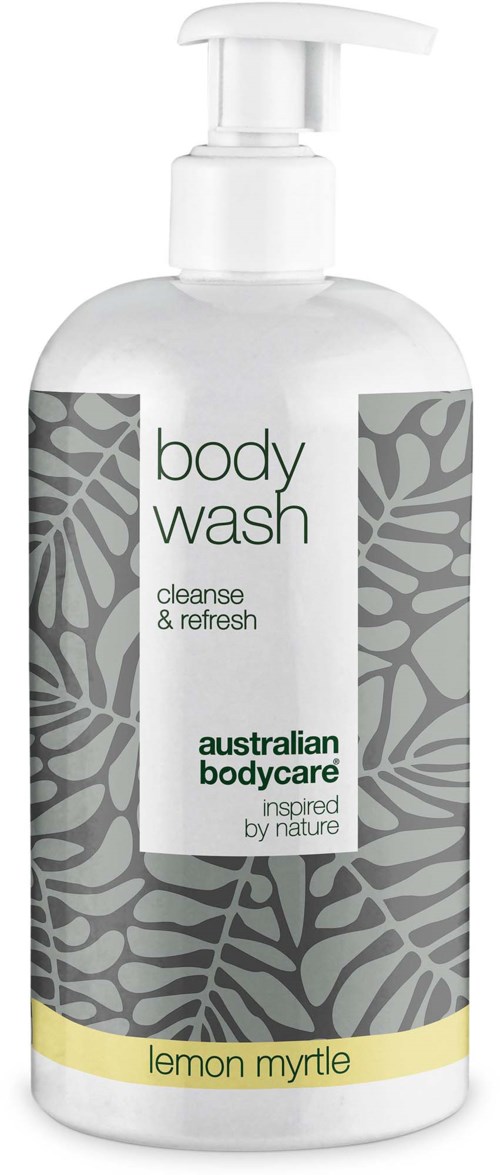 White bottle with a pump contains lemon myrtle body wash. Label says cleanse and refresh, inspired by nature.