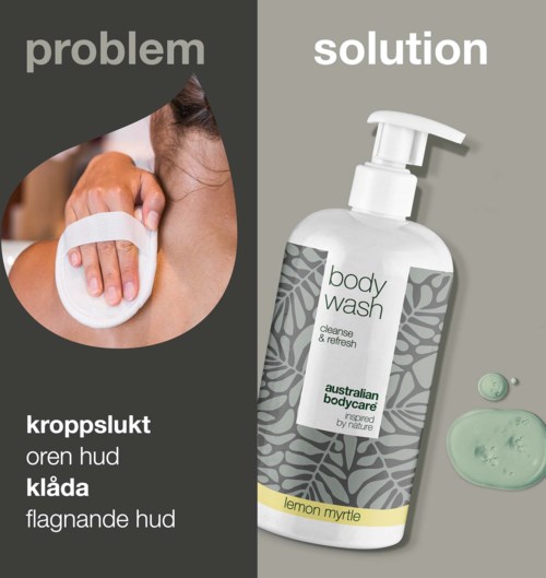 The image compares skin problems like irritation with a body wash named lemon myrtle.