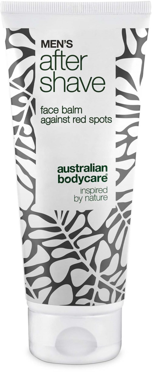 Miesten after shave kasvosuoja punaisia kohtia vastaan Australian bodycare-merkiltä, jossa mustavalkoinen lehtikuosi.
