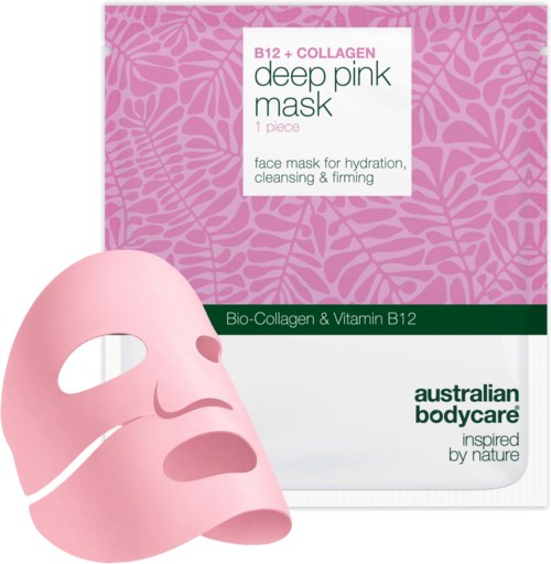 Pink face mask for hydrating, cleansing, and firming skin. Packaging shows pink pattern and product details.