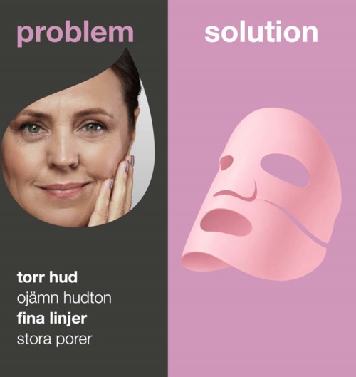 Solution shows a mask for large pores, fine lines, and uneven skin. Problem shows a woman with skin issues.