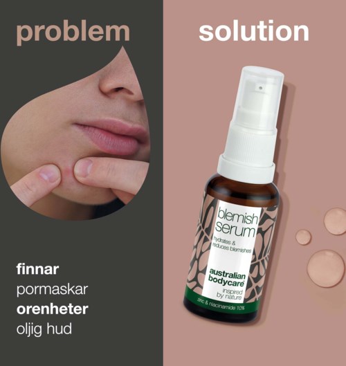 Bildet viser hudproblemer og en serumløsning med en kvinnes hake og en sprayflaske.