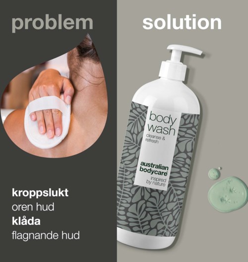 Problem on skin, solution is body wash for healthy, clean skin. Bottle shown with greenish product. Saludary skincare.
