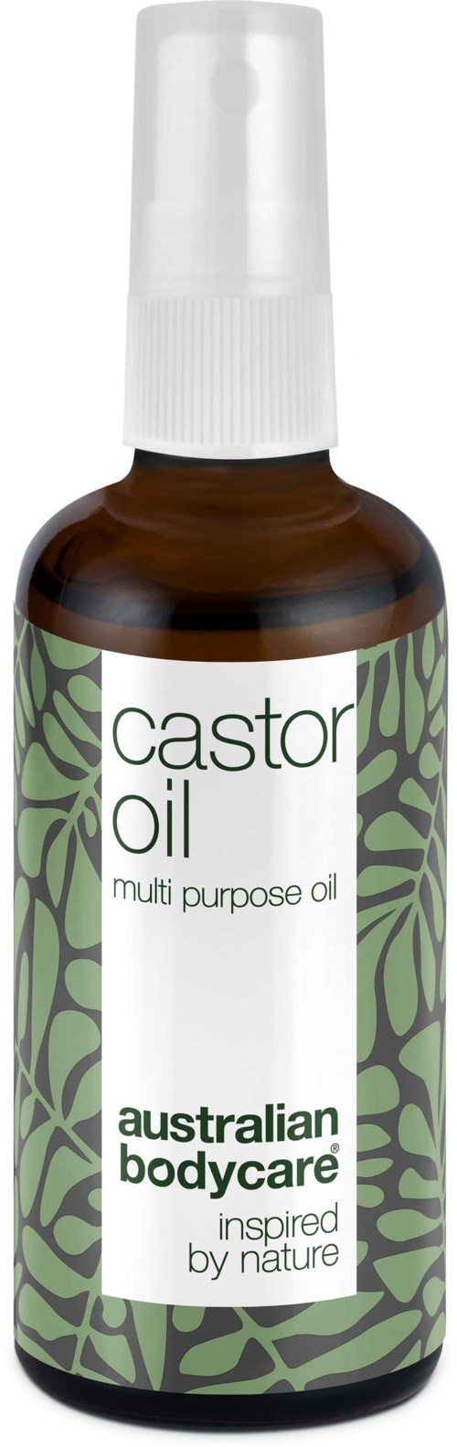 A small brown bottle with a white spray cap, labeled 'castor oil' and 'multi purpose oil.' It is from Australian Bodycare.