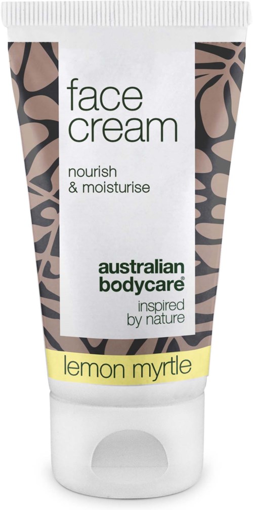 En tub med ansiktskräm med lemon myrtle, australienskt märke, närande och återfuktande, med bladmönster på förpackningen.
