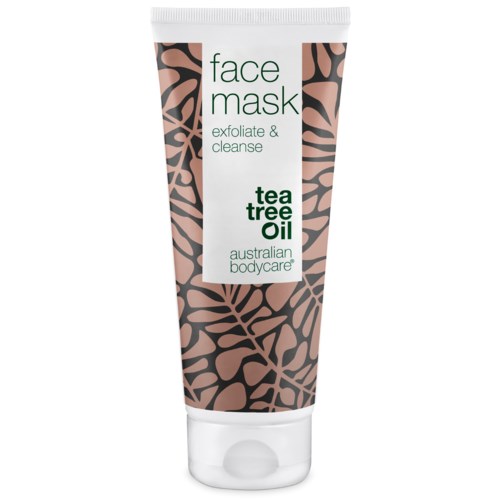 Gesichtsmaske in Tuben mit Tierprint-Design, genannt exfolieren und reinigen mit Teebaumöl.
