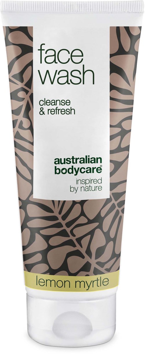 A tube of face wash labeled lemon myrtle with a natural leaf pattern design.