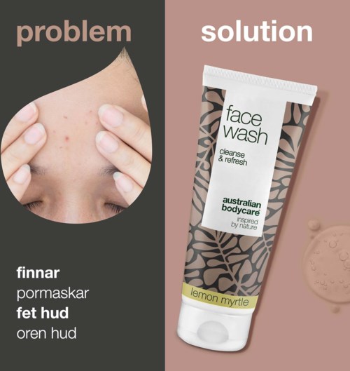 Problem is skin pimples; solution is a face wash with lemon myrtle scent from Australian Bodycare.