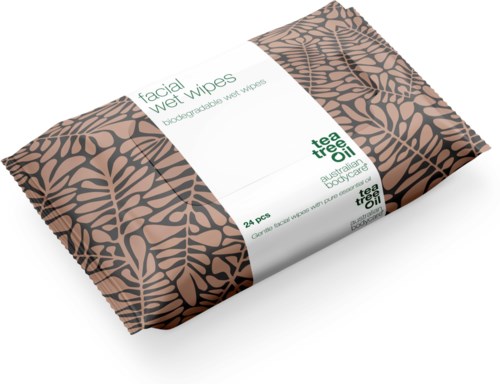 Emballasje for ansiktsfuktsservietter med brunt bladmønster og grønn tekst, inneholder 24 servietter med tea tree olje.