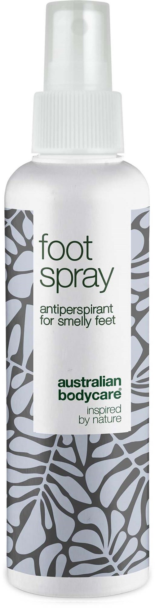 En vit sprayflaska med gröna och svarta blad, märkt fotspray för illaluktande fötter, tillverkad av Australian Bodycare.