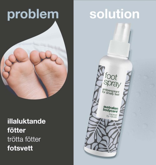 Fotsspray hjälper mot lukt, trötta och svullna fötter, visas bredvid problemområden som ömma fötter.