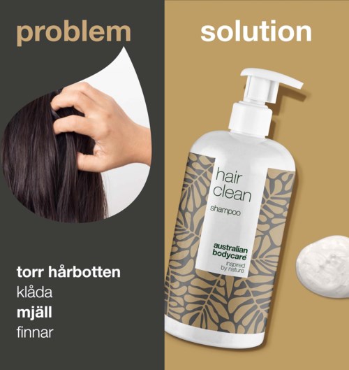 Problem: hårbottenproblem som mjäll, klåda, fett, håravfall och torr hårbotten. Lösning: Australian Bodycare schampo med naturliga ingredienser.