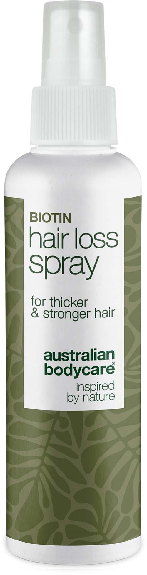 En vit sprayflaska märkt Biotin håravfallsspray för tjockare och starkare hår av Australian Bodycare.