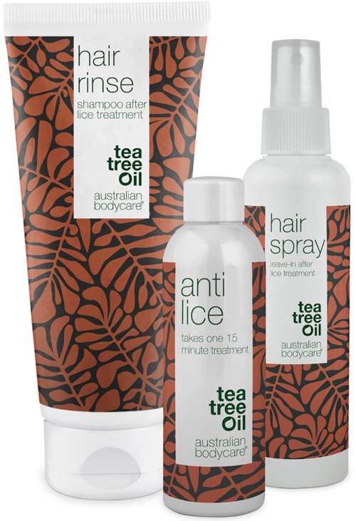 Ett set med hårvårdsprodukter inklusive schampo, spray och anti-lusbehandling, alla med tea tree oil.