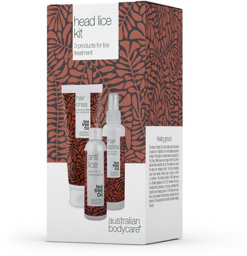 Boxen innehåller tre produkter för att behandla huvudlöss, inklusive spray, schampo och anti-löss behandling. Designen är orange och vit.