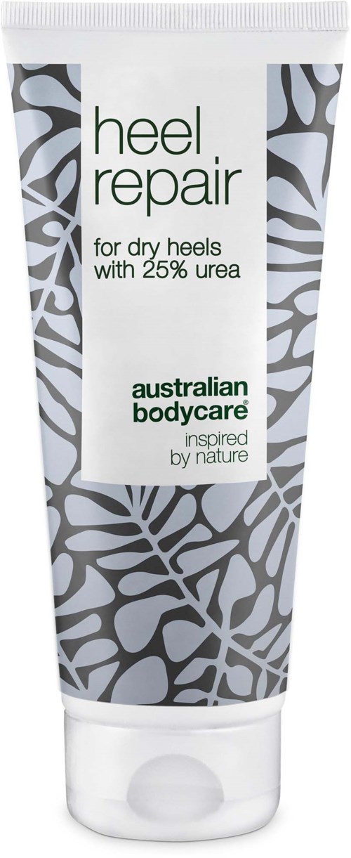 A white tube labeled heel repair for dry heels with 25% urea, brand Australian Bodycare, inspired by nature.