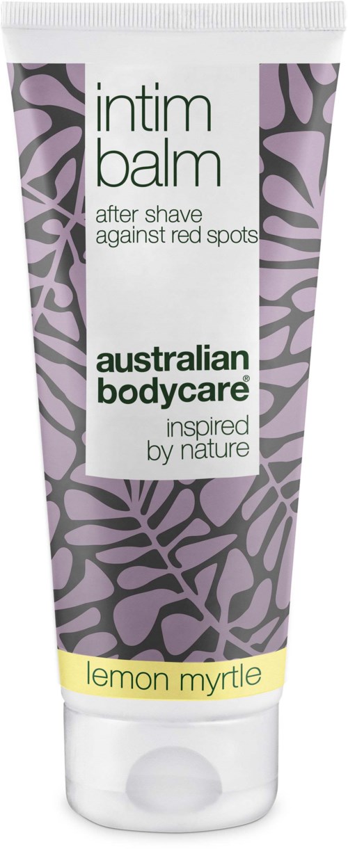 Eine Tube mit der Aufschrift 'intim balm' von Australian Bodycare, mit lavendel- und grüner Gestaltung, Zitronenmyrte-Duft.