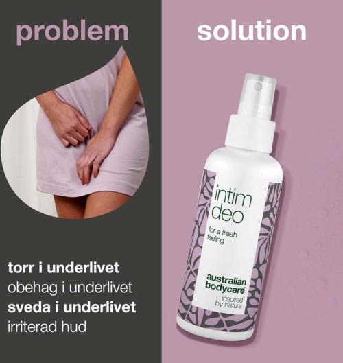 Bildet viser en sammenligning mellom et problem med kløe og irritasjon og en løsning med en deodorant spray.