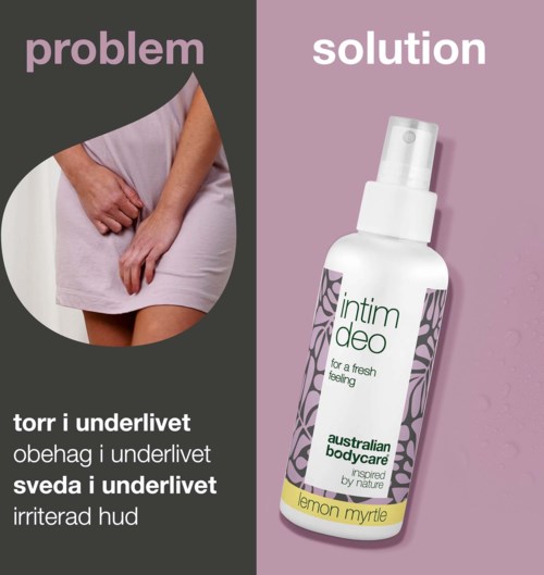 A comparison of a problem with discomfort in the private area and a solution using a deodorant spray.