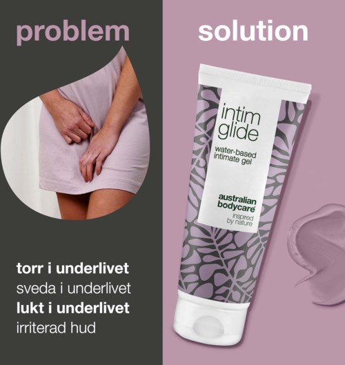 Bildet jämför vaginala problem med en gel och visar en kvinna samt förpackning för intimgel.