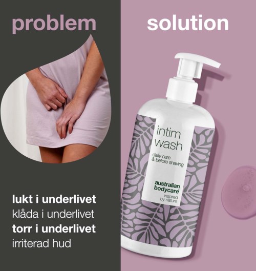 The image shows a problem with feminine hygiene and a solution with a body wash product for intimate care.