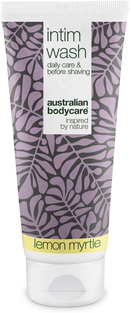Lilla og grå tube merket Intim Wash med sitronmyrtelukt fra Australian Bodycare.