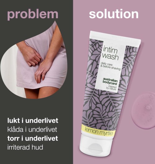 En diagram viser et problem med ubehag i underlivet og en løsning med kroppsvask merket lemon myrtle.