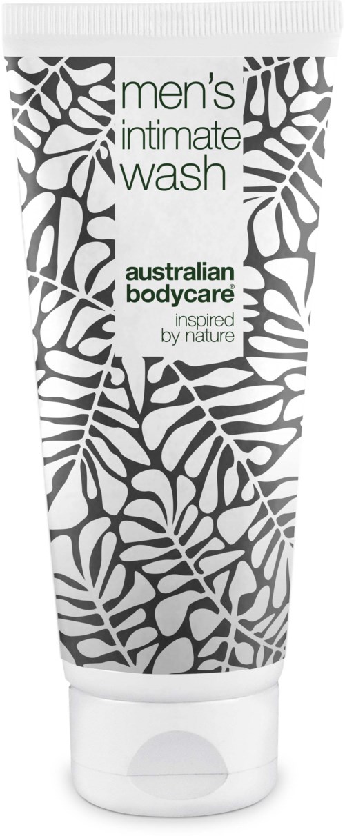 Eine Tube Männer-Intimwaschgel mit schwarzen und weißen Blattmustern, beschriftet 'australian bodycare' und 'inspired by nature'.