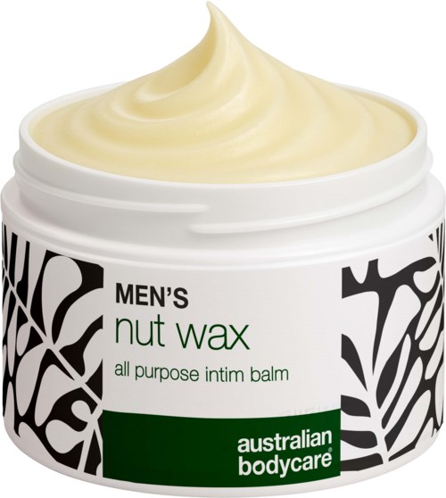 Ein Behälter mit Männer-Nusswachs, cremig an der Spitze, beschriftet 'Australian Bodycare' und 'all purpose intimate balm.'