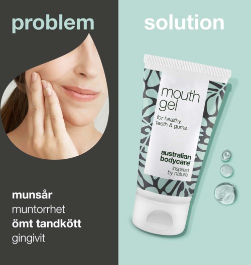 A woman's face shows a problem with her mouth, and a tube of mouth gel is shown as the solution for healthier gums.