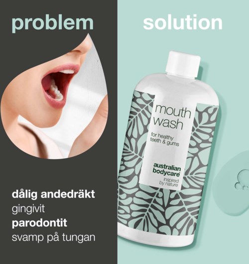 Vasemmalta näkyy henkilö, jolla on huono hengitys, oikealla näytetään suuvesi terveille hampaille ja ikenille.