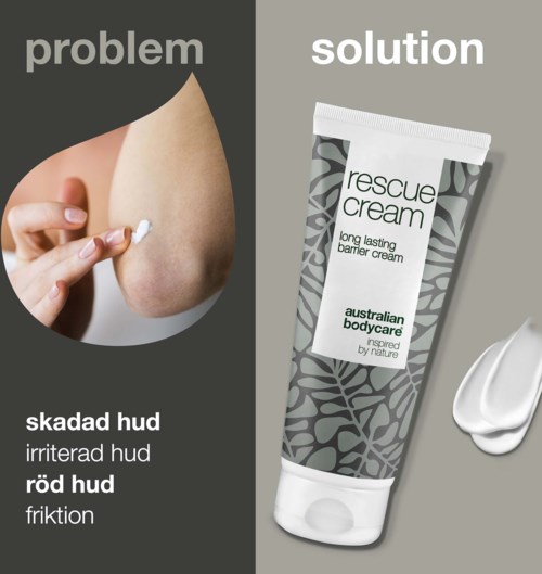 Ett diagram visar ett problem med kliande, irriterad och röd hud. Rescue cream visas som lösning för att lugna huden.