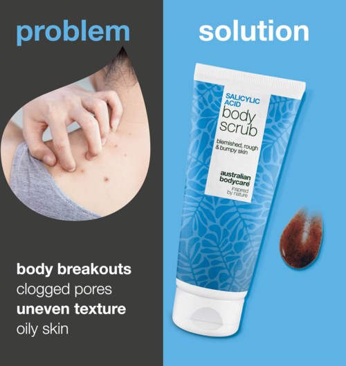 Ein Hautpflegeprodukt hilft bei Körperausschlägen, verstopften Poren und fettiger Haut. Das Bild zeigt Probleme und Lösungen.